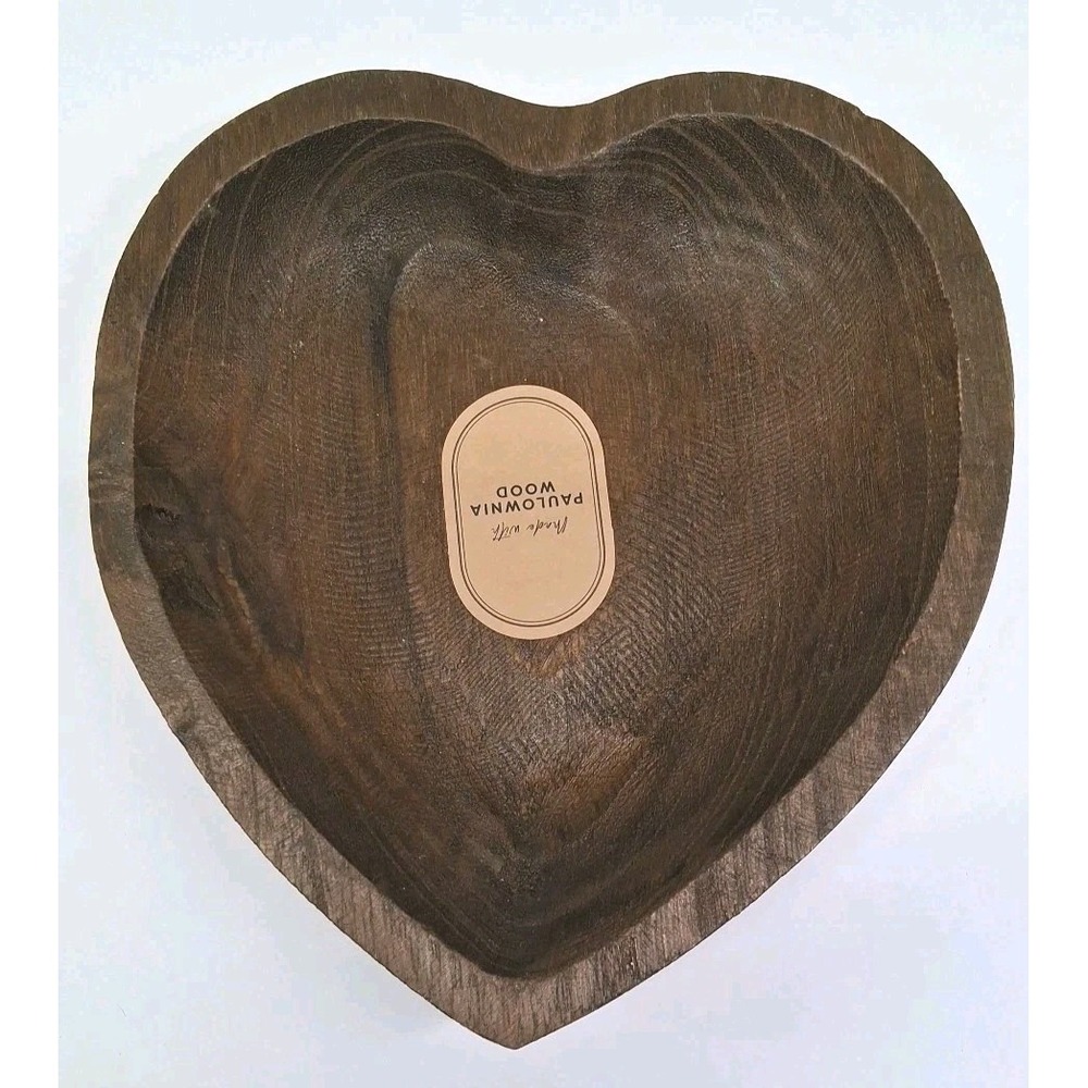 Large Paulowina Wood Carved Heart Shaped Bowl 10"x10"x2-1/2" Rustic, Farmhouse